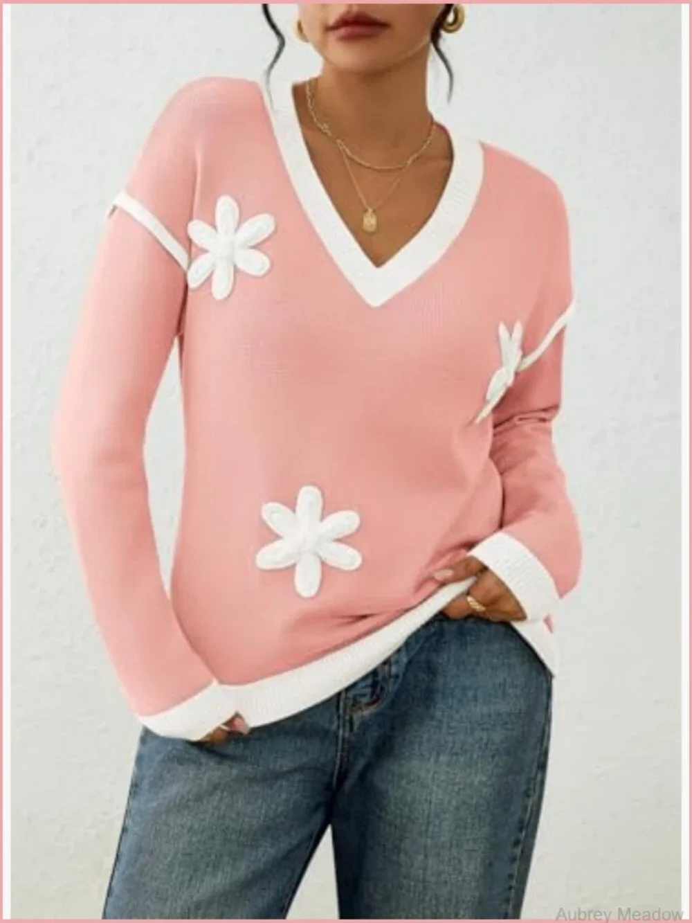 Women's Oversized V-Neck Pullover Sweater Floral Knit Long Sleeve Tops - Picture 5 of 7